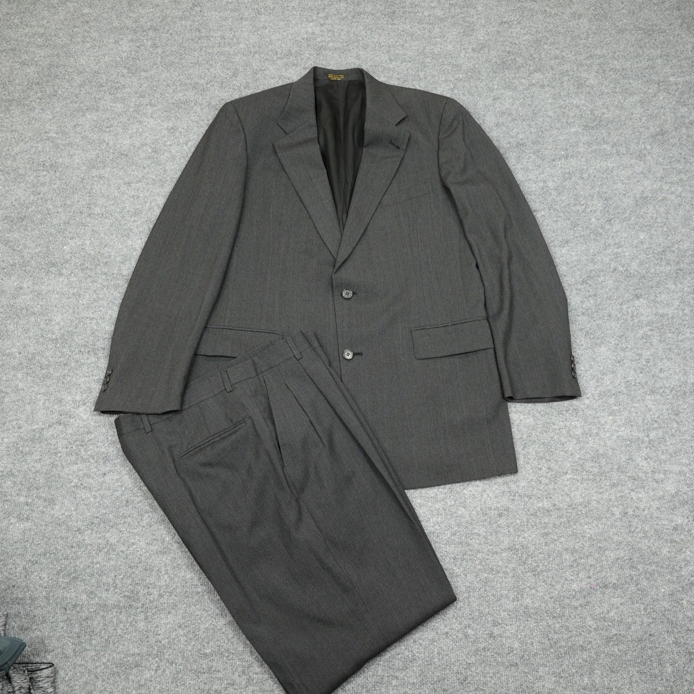 Tailors Row Suit Mens 42L 36W Grey Pinstripe 100% Wool 2-Button Pleated Finery